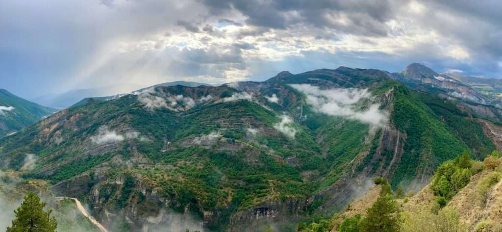Panorama of the Esclangon Velodrome, a twenty-million-year-old fossil river delta in the UNESCO Haute-Provence Geopark