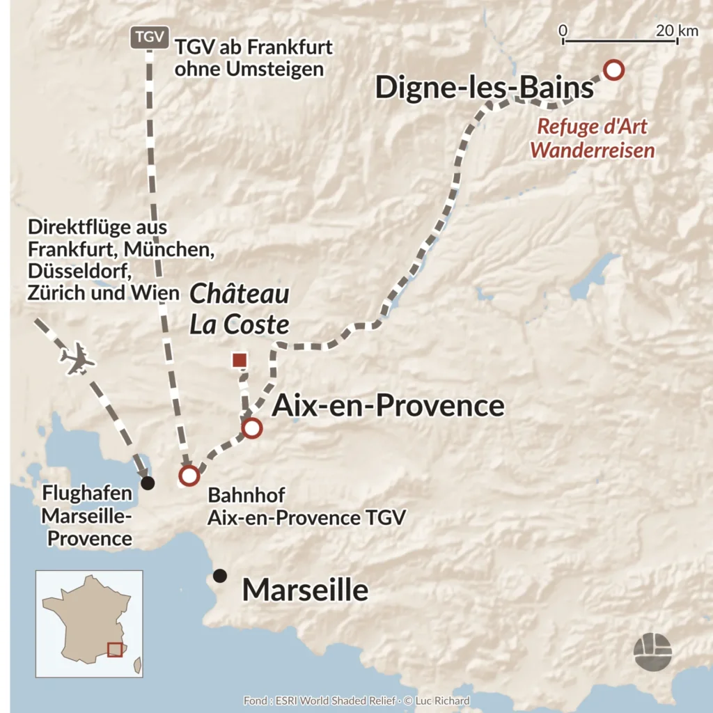 Karte mit der Lage der Refuge d'Art Wanderreisen in der Haute-Provence, mit Bahnhof Aix-en-Provence TGV, Flughafen Marseille-Provence, Château La Coste und Digne-les-Bains