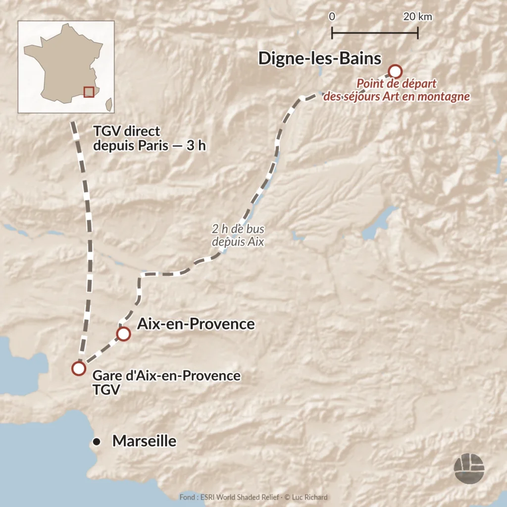 Carte d'accès aux séjours Art en montagne à Digne-les-Bains depuis la gare d'Aix-en-Provence TGV, Aix-en-Provence et Marseille