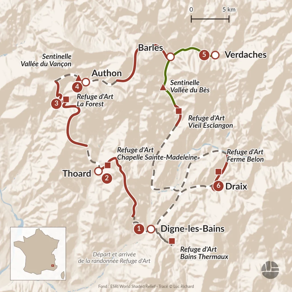 Carte du séjour itinérant Refuge d'Art en Haute-Provence, de Digne-les-Bains à Thoard, Authon, Barles, Verdaches et Draix, avec les cinq Refuge d'Art d'Andy Goldsworthy et les deux Sentinelles