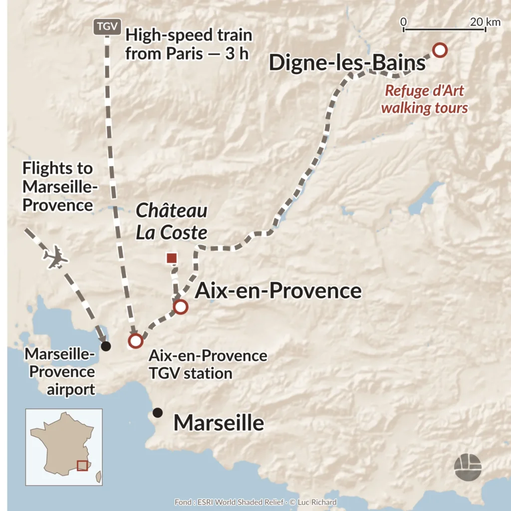 Map showing the location of the Refuge d'Art walking tours in Haute-Provence, with Aix-en-Provence TGV station, Marseille-Provence airport, Château La Coste and Digne-les-Bains